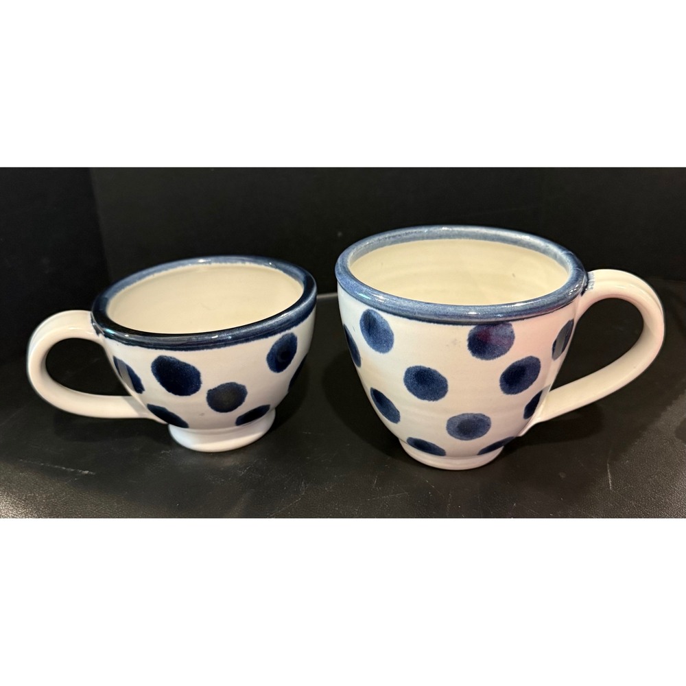 Handmade Small & Large Mugs White Blue Polka Dot Ceramic Stoneware Set Rustic